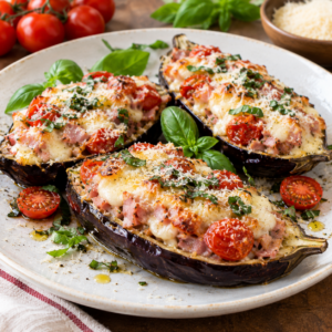 Melanzane ripiene con prosciutto cotto e scamorza