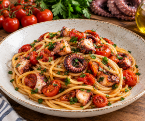 Scopri di più sull'articolo Spaghetti con polpo e pomodorini: ricetta facile e saporita