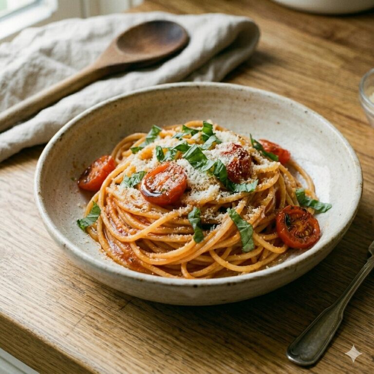 Pasta allo scarpariello originale con pomodorini del piennolo e basilico fresco.